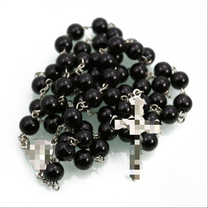 Collier chapelet imitation perles 8mm avec pendentif croix unisexe, chaîne de pull, plusieurs couleurs, bijou cadeau - Product Image 3