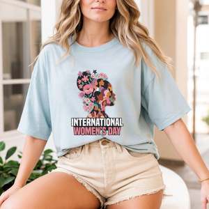 T-shirt per la Giornata Internazionale della Donna, vestibilità ampia, girocollo, manica corta, stampa floreale, casual, primaverile, 100% cotone - Product Image 3