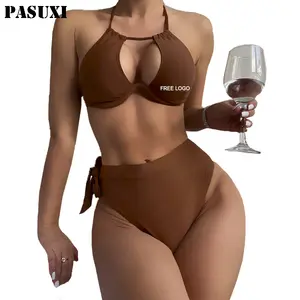 PASUXI özel mayo düz renk seksi Halter ve dantel Up mayo kadın bölünmüş vücut mayo Bikini