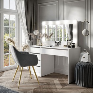 Coiffeuse blanche minimaliste en usine avec grand miroir et lumières LED à 5 tiroirs pour chambre à coucher - Product Image 6