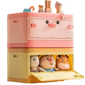 Boîte de rangement pliable en plastique, en forme d'animaux mignons, Design de dessin animé, pour enfants, boîte de rangement avec porte avant ouverte
