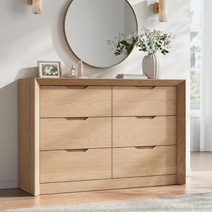 Wide Natural Oak <b>6</b> <b>Drawer</b> Dresser Hidden Recessed Tab Handles 2in Thick Top Anti-Tip Device Mid Bedroom Storage Chest - Product Image 1