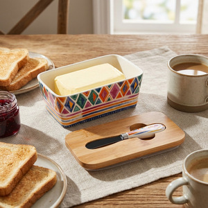 Beurrier en céramique vintage peint à la main avec couvercle et couteau, beurrier rectangulaire pour beurre, confiture, fromage - Product Image 3