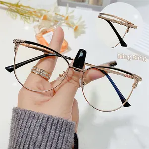 Custom Logo Metal Anti Blue Light Filter Reflection Glasses Frame Eyewear Women Optical Bling Cat Eye Eyeglasses Optical Frames