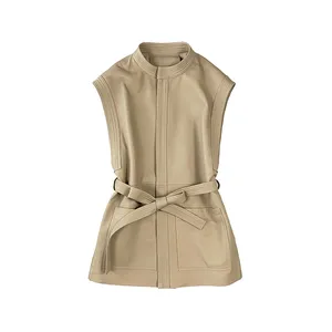 Fashion Simple Belt Sleeveless Sheepskin Vest Medium Long Genuine Leather Waistcoat Vest for women