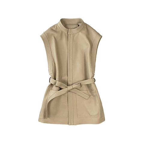 0104 Fashion Simple Belt Sleeveless Sheepskin Vest Medium Long Genuine Leather Waistcoat Vest for Women