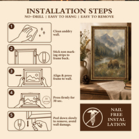 Tableau sur toile encadré or vintage orné, Peinture à l'huile Mère et jeune ours, Montagne, Rivière, Forêt, Décoration rustique pour cabane de prairie OEM ODM
