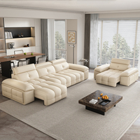 Sofá Cama Estilo Nube para Sala de Estar, Sofá Cama Moderno con Control Remoto y Taburetes Pequeños, Sofás Eléctricos de Cuero para el Hogar