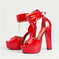 Sandales à plateforme rouges vernies pour femmes, bout ouvert, avec nœud en ruban de satin et bride cheville, talon bloc épais, style D'Orsay, chaussures de soirée