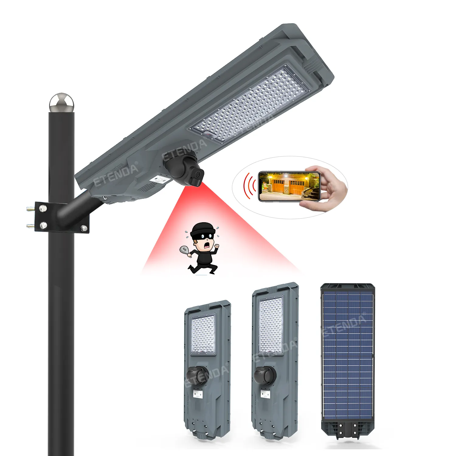Lampes solaires avec caméra de vidéosurveillance dans les villes intelligentes 1200W Led tout en un lampadaire solaire avec télécommande