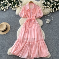 Robe décontractée mi-longue pour femme, coupe trapèze, à manches bouffantes, brodée, ceinturée, avec col à revers transparent, pour le quotidien et les soirées