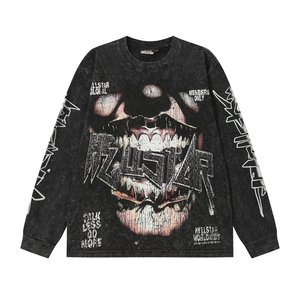 <span class=keywords><strong>T</strong></span>-<span class=keywords><strong>Shirt</strong></span> a Maniche Lunghe con Grafica Vintage Acid Wash Nero Caffè, Oversize in Cotone per Uomo, Streetwear all'Ingrosso - Product Image 1