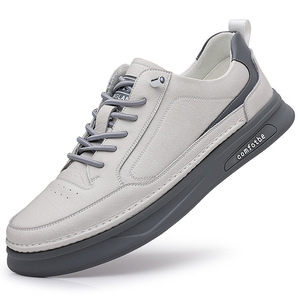 Baskets décontractées en cuir pour hommes, bout rond, à lacets, plateforme, semelle en caoutchouc, confortables, toutes saisons, chaussures épaisses, doublure en maille blanche - Product Image 5
