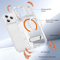 Coque de téléphone antichoc magnétique avec béquille métallique et cordon détachable, coins renforcés pour iPhone 18 17 16 ProMax, coque de protection transparente