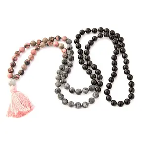 ST0683 108 Mala Beads Tassel Jewelry Prayer Healing Stone Black Onyx Black Rhodonite Labradorite Knotted Necklace