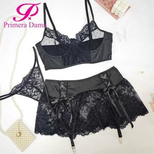 Da donna Sexy pizzo ricamato 3 pezzi Lingerie Set reggiseno trasparente gonna perizoma regolabile biancheria intima OEM fornitore all'ingrosso per - Product Image 3