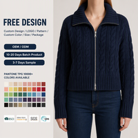 Maßgefertigte Damen-Strickjacke in Marineblau mit Reißverschluss, Umlegekragen und Langen Ärmeln, OEM ODM Fabrik Großhandel Winter-Strickwaren