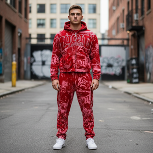 Set di Felpa con Cappuccio e Pantaloni Sportivi Cropped da Uomo, Stile Streetwear, con Zip Integrale, Stampa Camouflage, Taglio Grezzo, Vestibilità Ampia e Oversize, Peso Pesante, del Produttore - Product Image 1
