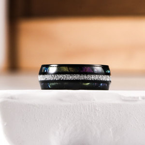 Bague en acier inoxydable pour hommes, incrustation géométrique noire, nacre colorée, bijoux de mariage SA1228 - Product Image 4