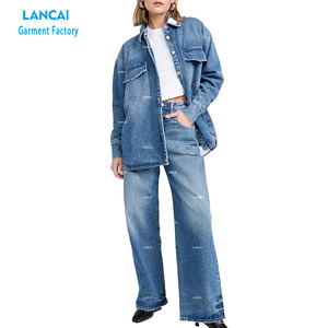 Hiver Automne Veste en jean et pantalon à jambes larges Vêtements deux pièces Ensemble deux pièces pour femmes - Product Image 1