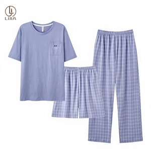 Set Pigiama <span class=keywords><strong>Uomo</strong></span> Lijia Premium 100% Cotone 3-in-1, Abbigliamento Casual da Casa con Pantaloni a Quadri, Traspirante, Taglie L-4XL, Loungewear Estivo - Product Image 2