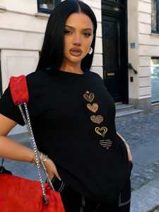 T-shirt da donna a maniche corte vestibilità ampia con stampa cuore marrone per San Valentino, girocollo in cotone estivo stile streetwear - Product Image 3