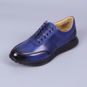 Chaussures à lacets pour hommes en cuir de vache bleu, bout rond, semelle extérieure en caoutchouc respirant, semelle intermédiaire en EVA, toutes saisons, usage décontracté - Product Image 1