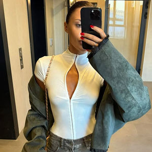 Camiseta de Manga Corta Transparente con Cierre de Gancho y Ojal, Ecológica, Elástica, de Color Sólido, Ajustada, Cuello Redondo, Sexy - Product Image 6