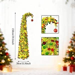 Sapin de Noël pop-up de 1,5 m avec lumières LED - Design incurvé et incliné, boule rouge en haut, arbre artificiel serré, décoration de vacances intérieure et extérieure - Product Image 3