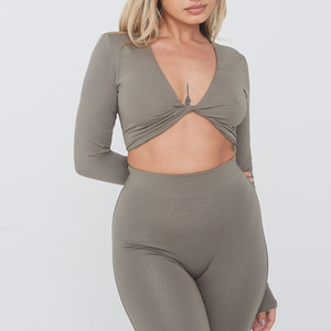 Gym Active vêtements femmes grandes tailles Sexy Vintage chocolat personnalisé manches longues chemises torsadées - Product Image 1