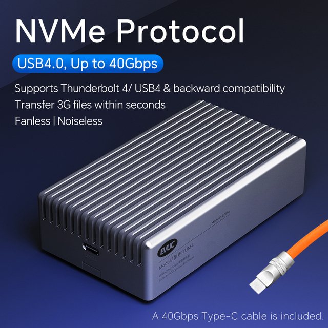Type-C USB 4.0 Aluminum M.2 NVMe PCIe 4TB 40GBps Thunderbolt 4 SSD Enclosure with Thunderbolt Cable Plug and Play
