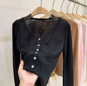 Suéter Cárdigan de <span class=keywords><strong>Mujer</strong></span> Estilo Coreano con Cuello en V, Manga Larga, Ligeramente <span class=keywords><strong>Transparente</strong></span>, para Otoño, Modelo 011 - Product Image 3