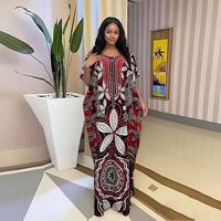 Nouvelle Robe Ample Femme 2026 Style Ethnique Africain Kafotan Rouge et Noir Imprimée avec Diamants Thermocollés et Foulard à Pompons