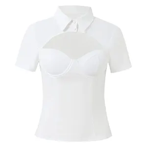 厂家定制夏季新款女式镂空领衬衫短袖修身性感t恤上衣