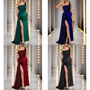 Robe de soirée sirène élégante pour femme, style européen et américain, à sequins, asymétrique à une épaule, avec fente longue - Product Image 1