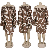 Robe courte décontractée pour femmes, à épaules dénudées, imprimé abstrait, volants, manches longues, pour les vacances