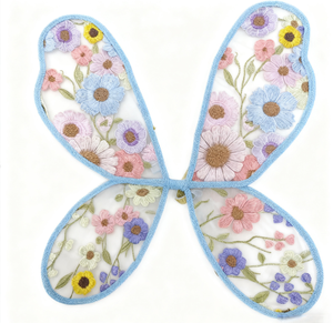 Ailes de fée brodées, ailes de papillon florales en rose abricot et jaune, idéales pour les fêtes de fées dans le jardin - Product Image 1
