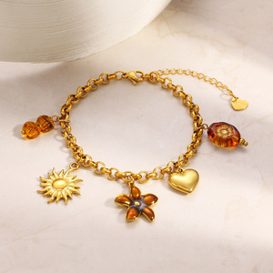Pulsera de Moda con Dijes, Chapada en Oro de 18k, Aleación de Zinc, Colgante de Corazón y Flor de Sol, Joyería de Regalo - Product Image 4