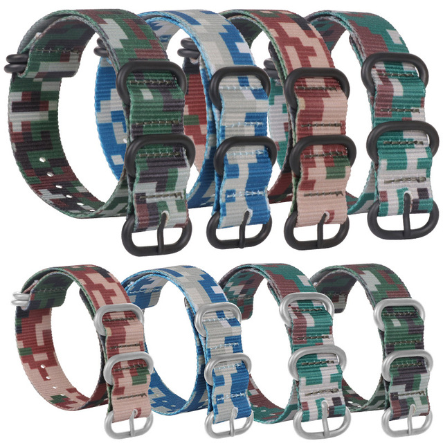 Tactical Camouflage Camo Printing Fabric Nylon Watch Band 18 20 22 24 26mm Fabric Watch Strap With Brushed Hardware PVD 5 Ring