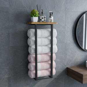 Toallero de baño, toallero montado en la pared, estante de madera, soporte para toallas, toallero de metal, organizador de toallas para baño - Product Image 2