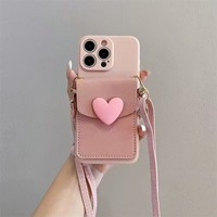 Étui portefeuille de luxe en forme de cœur pour 16 Pro Max/17/14 avec cordon réglable, fente pour cartes, protection antichoc en silicone
