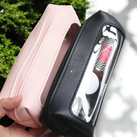 Pochette à crayons en PVC transparent avec fenêtre, en cuir PU, fermeture éclair, design élégant, trousse à maquillage pour étudiants