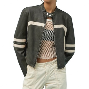 Veste en cuir style moto sur mesure avec bordure contrastante, fermeture éclair, veste en cuir courte en polyester pour femmes - Product Image 2