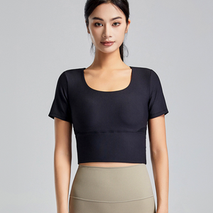 Wholesale Women's Ribbed Built-in <b>Bra</b> Yoga Top Breathable Square Neck Mesh <b>Back</b> Crop Top High Stretch Athletic Workout Shirt - Product Image 2