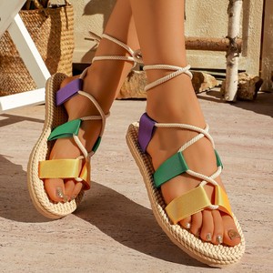 Wholesale Summer Sporty Fashion Trend Slippers <b>Large</b> Round Head Flax Hemp Flat Women's Roman Shoes Casual <b>Slides</b> for Beach - Product Image 5