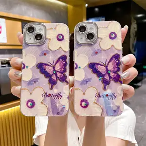 紫色蝴蝶花水钻叶英语蓝光镜头苹果保护膜15iPhone14promax