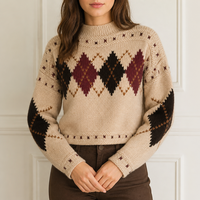 Maßgefertigter Damen-Argyle-Strickpullover Rundhals Creme Braun Burgunderrot Diamantmuster OEM ODM Fabrik