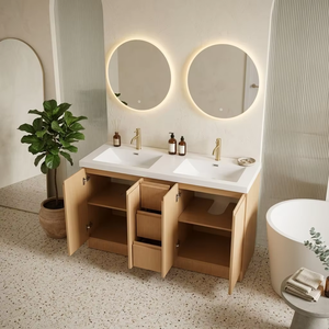 Meuble-lavabo autoportant moderne en chêne à double vasque, poignées encastrées sans levier, étagères intérieures réglables, miroir intelligent, durable pour <span class=keywords><strong>salle</strong></span> <span class=keywords><strong>de</strong></span> <span class=keywords><strong>bain</strong></span> - Product Image 2