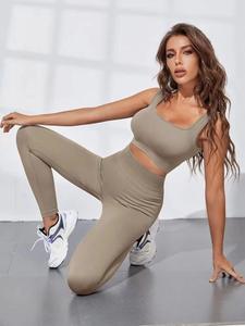 <span class=keywords><strong>2022</strong></span> nouveau personnalisé sans couture côtelé ensemble d'entraînement Fitness tenue femmes haut Impact deux pièces ensemble de vêtements actifs - Product Image 5