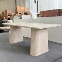 Table à manger rectangulaire moderne en pierre, table à dîner en travertin super blanc avec base à double piédestal pour maison, villa, hôtel